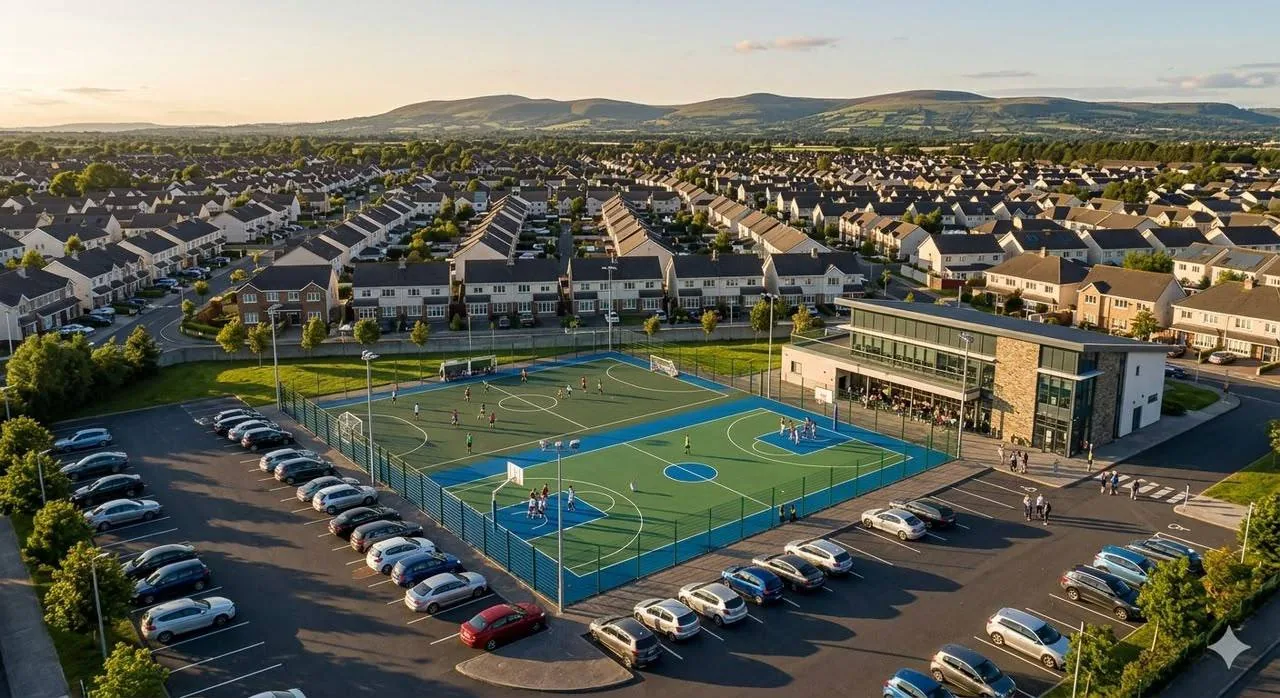Aerial view of Forresta showing the courts, community hall and terrace homes