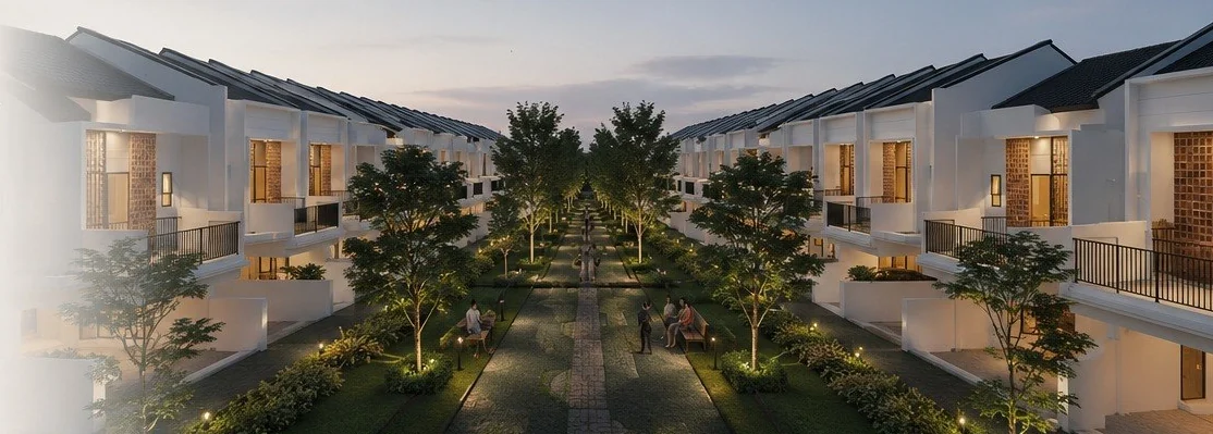 Forresta 10ft linear garden between back-to-back double-storey homes at dusk