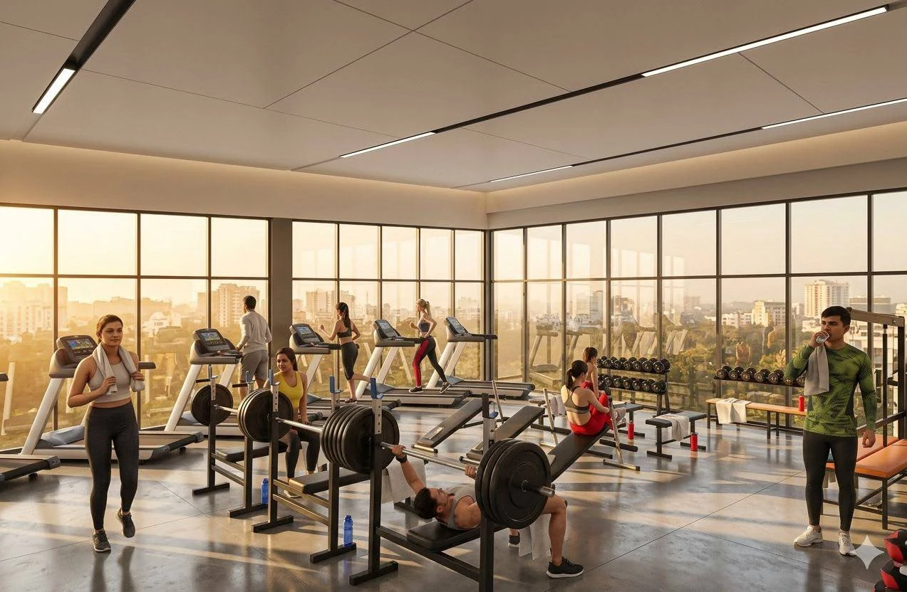 Forresta clubhouse gymnasium with full-height windows