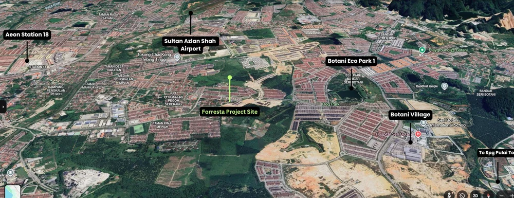 Forresta project site location map at Lapangan Baru, Ipoh South, near AEON Station 18, Sultan Azlan Shah Airport, Hospital Seri Botani and Botani Eco Park