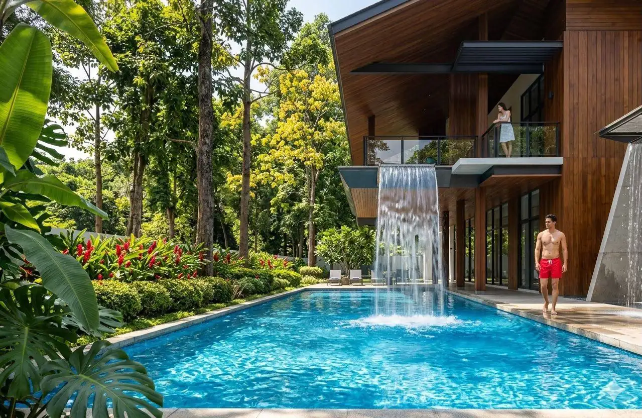 Forresta clubhouse pool with waterfall wall and rainforest planting
